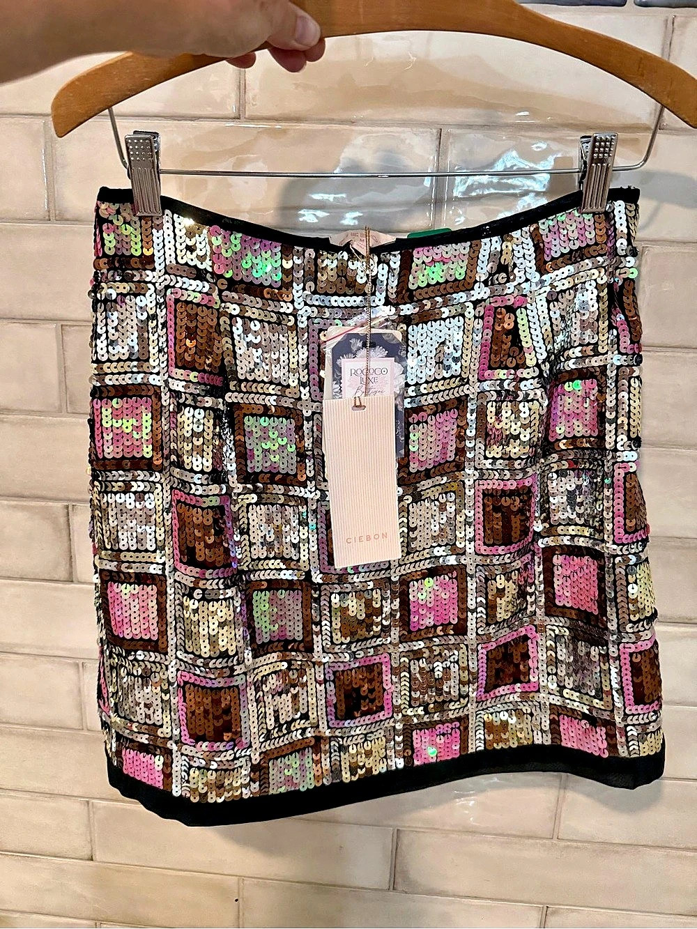 NWT CIEBON Sequin Mini Skirt Silver Pink bronze geometric lined Anthropologie M - Picture 3 of 15
